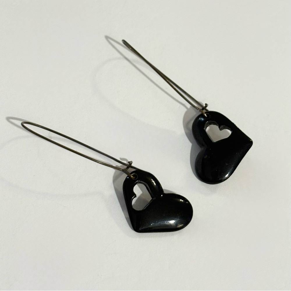 Double Heart Dangle Drop Puff Heart Earrings
